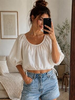 airy white drawstring peasant blouse boho cottagecore top size m
